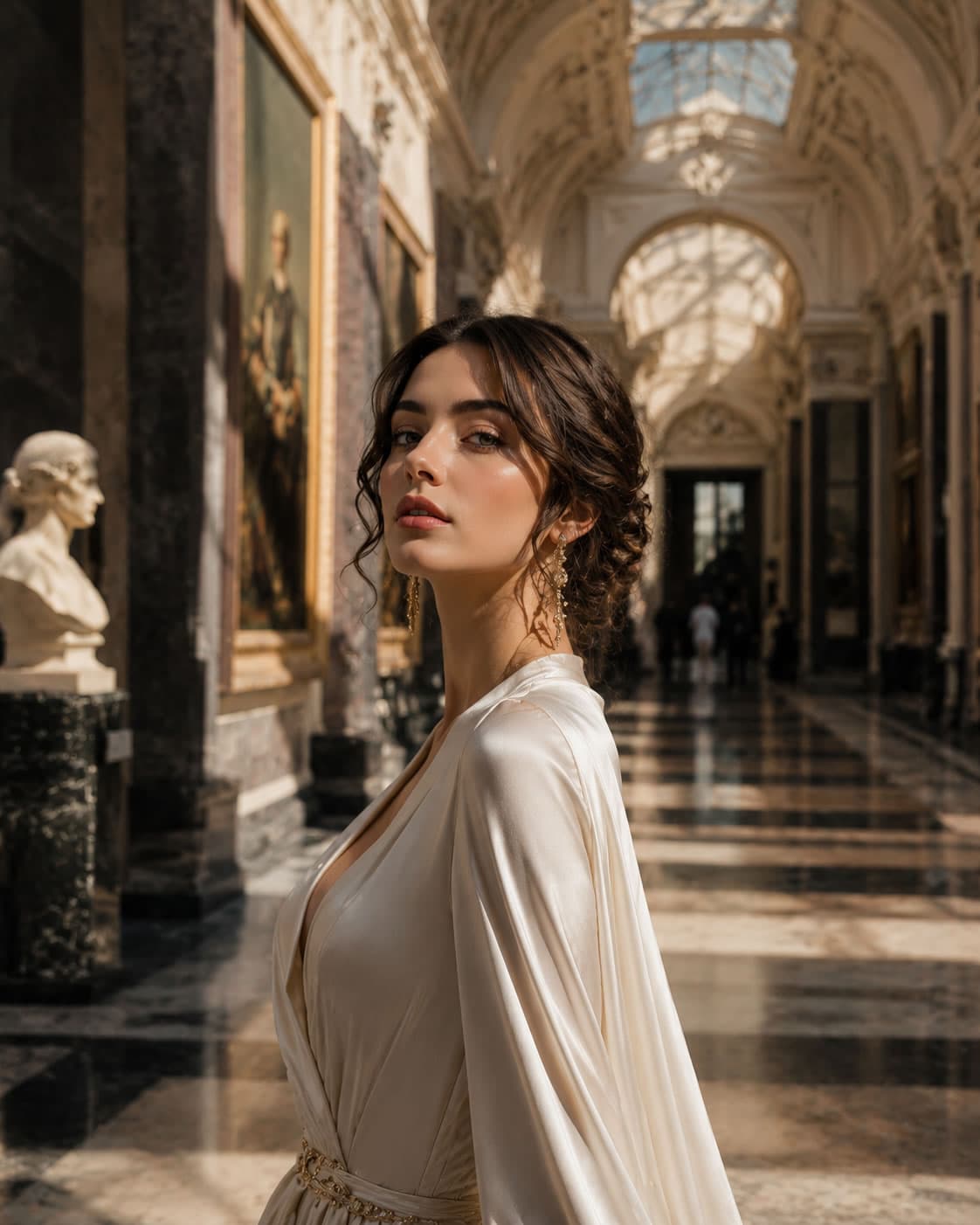AI-generated editorial portrait in a marble museum gallery