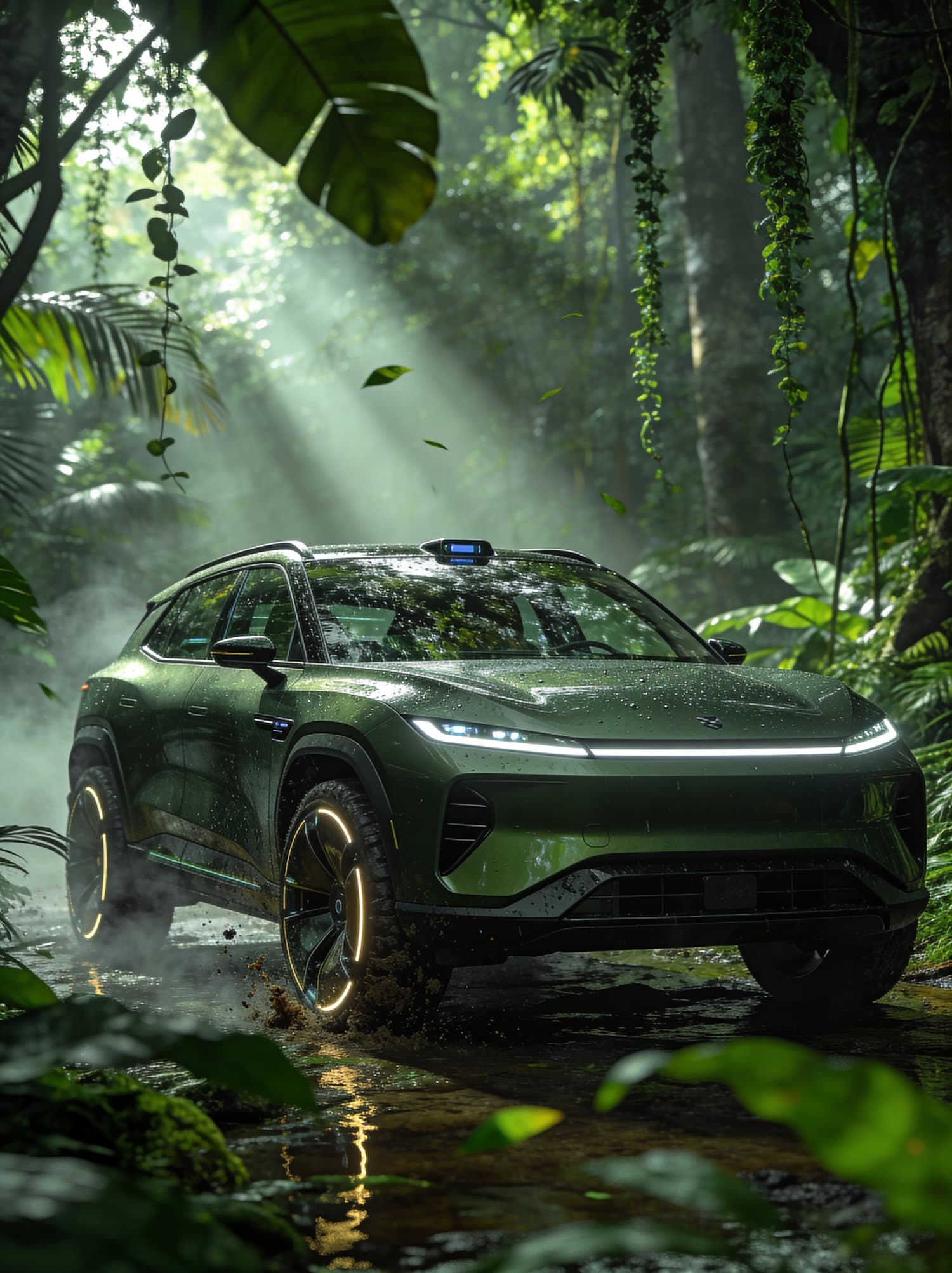AI-generated cinematic off-road SUV in a misty jungle